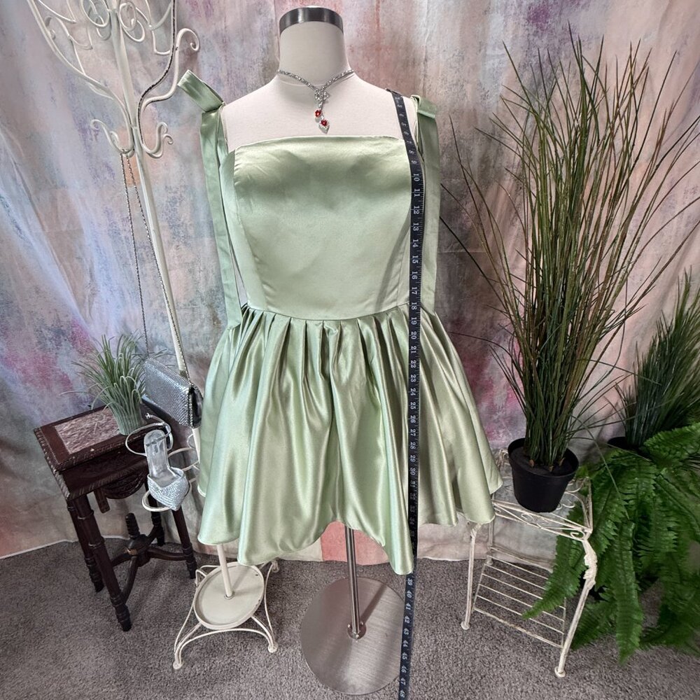 ๐Sage Green Lace Up Cocktail - Bridesmaid - Homecoming Dress w/ Wide Straps - Picture 7 of 16